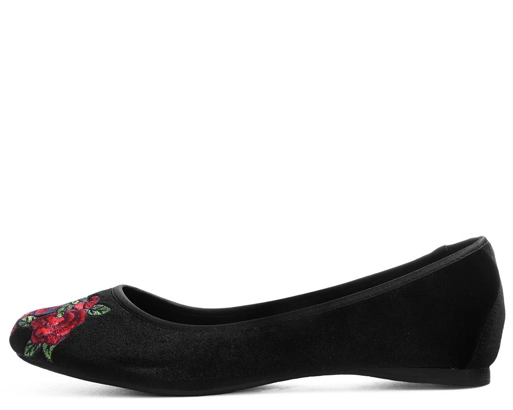 Black Velvet Rose Embroidered Flat - Image 3