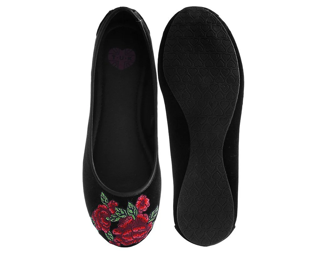 Black Velvet Rose Embroidered Flat - Image 4