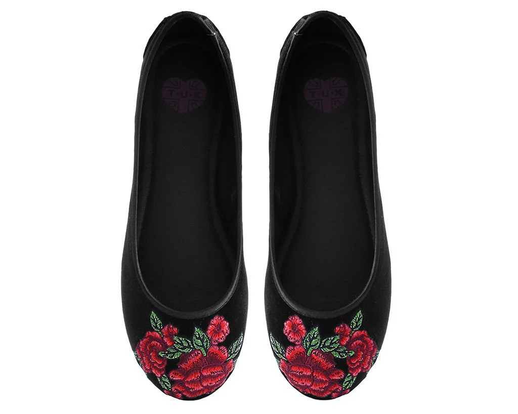 Black Velvet Rose Embroidered Flat - Image 5
