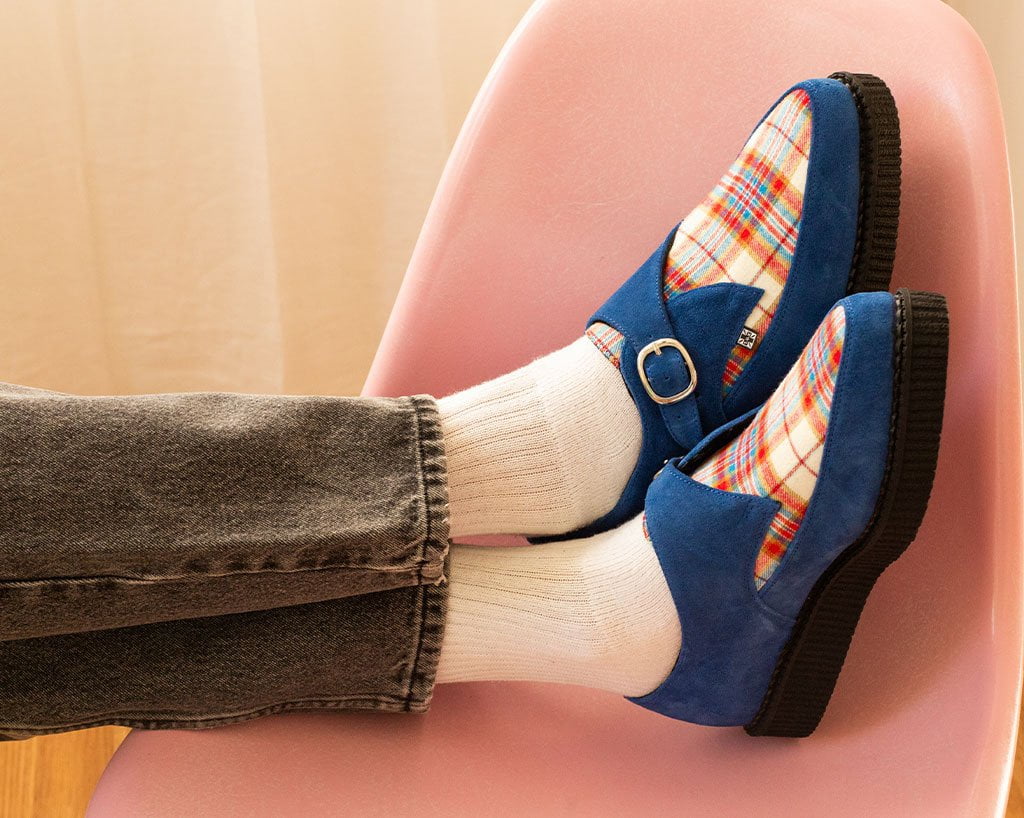 Blue Suede & Plaid Pointed Monk Buckle Creeper - Image 2