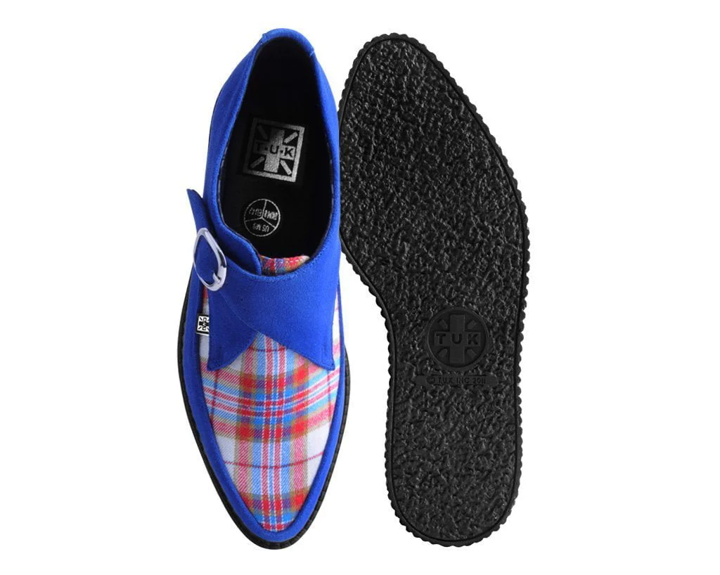 Blue Suede & Plaid Pointed Monk Buckle Creeper - Image 4