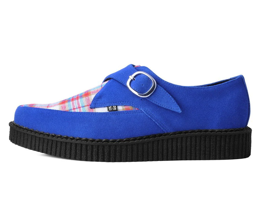 Blue Suede & Plaid Pointed Monk Buckle Creeper - Image 5