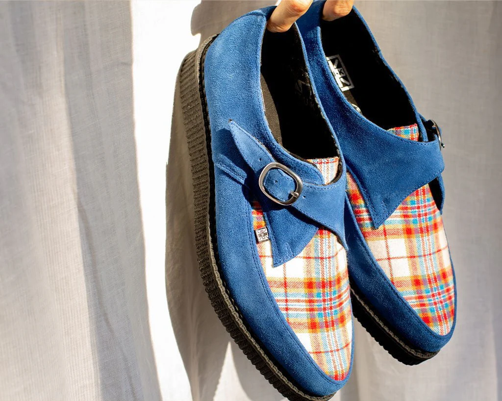 Blue Suede & Plaid Pointed Monk Buckle Creeper - Image 6