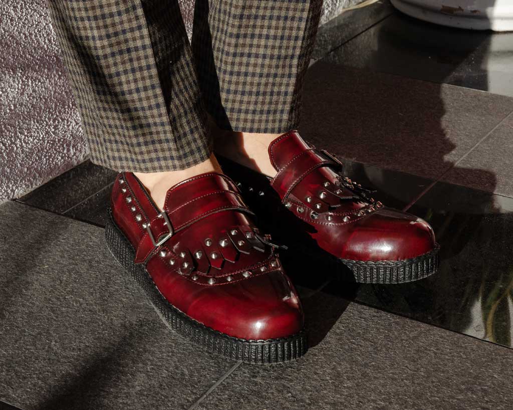 Burgundy Rub Off Studded Loafer - Image 2
