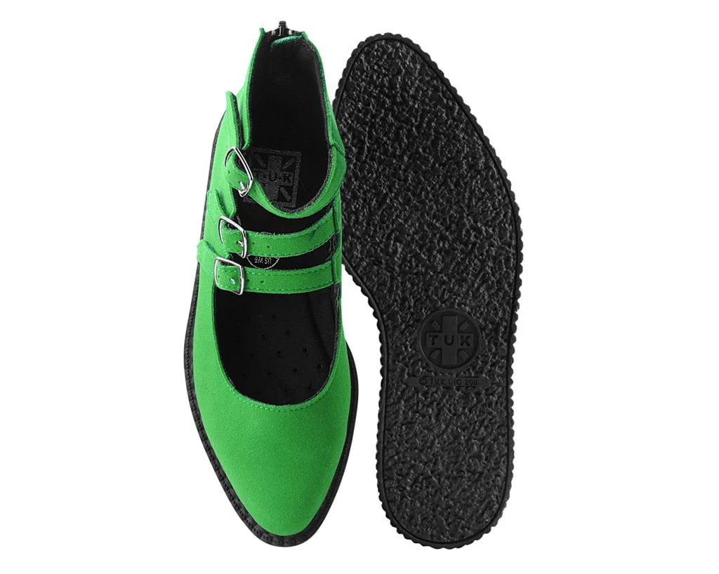 Jade Green Faux Suede 3-Strap Pointed Mary Jane - Image 4