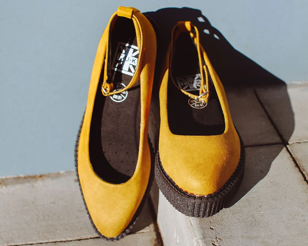 Mustard Faux Suede Pointed Ballet Ankle Strap Creeper - Image 2