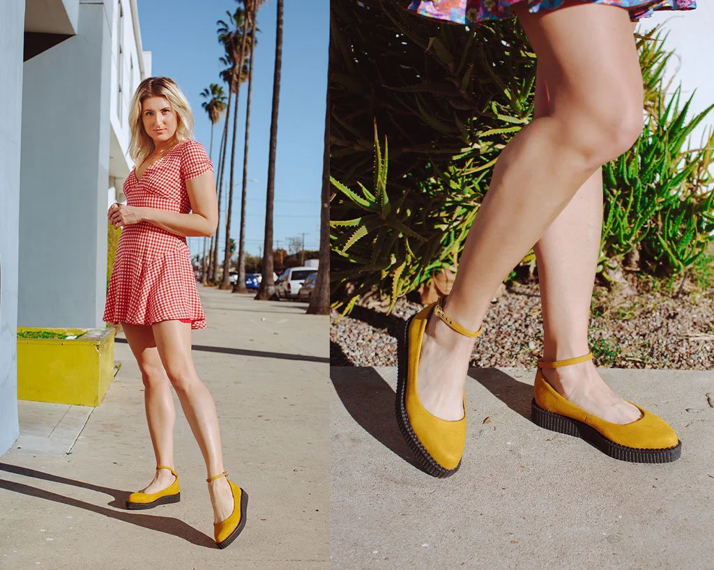 Mustard Faux Suede Pointed Ballet Ankle Strap Creeper - Image 6