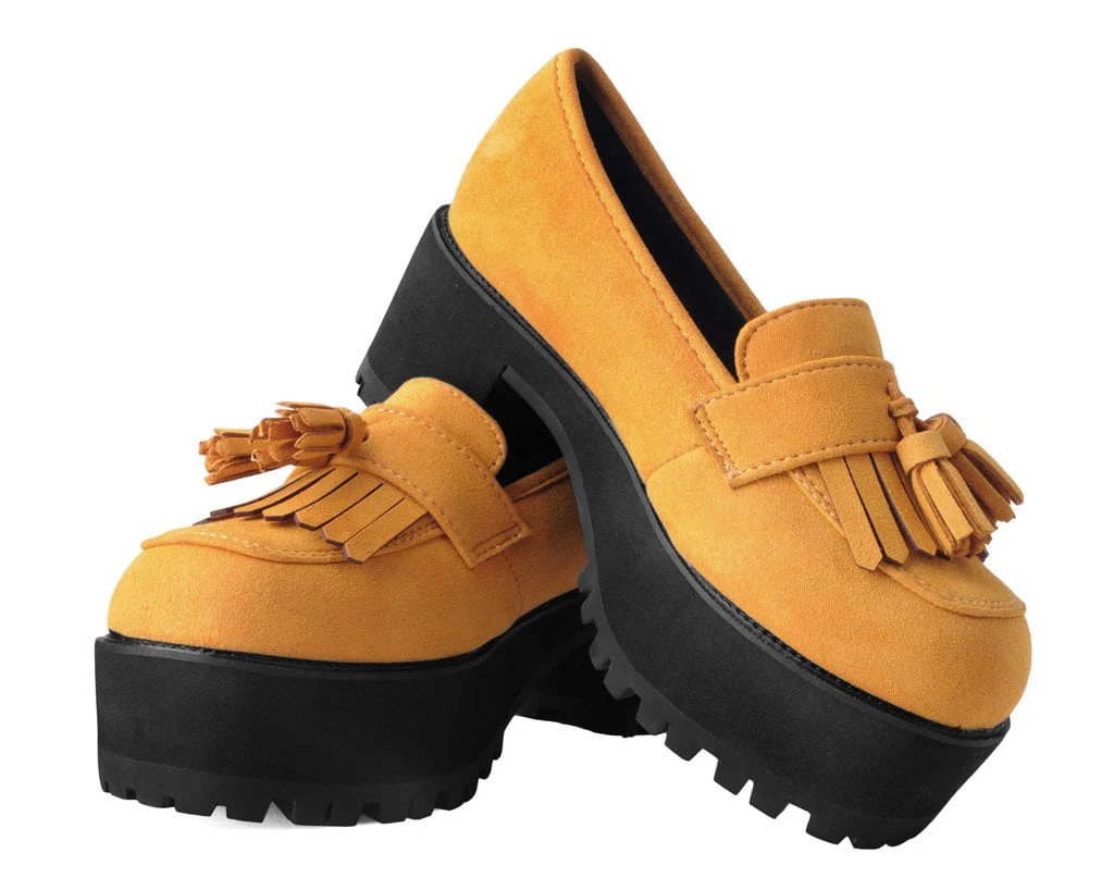 Mustard Faux Suede Fringe Loafer Platform - Image 3