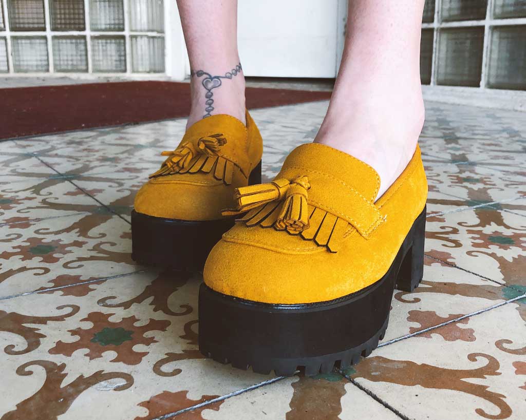 Mustard Faux Suede Fringe Loafer Platform - Image 8