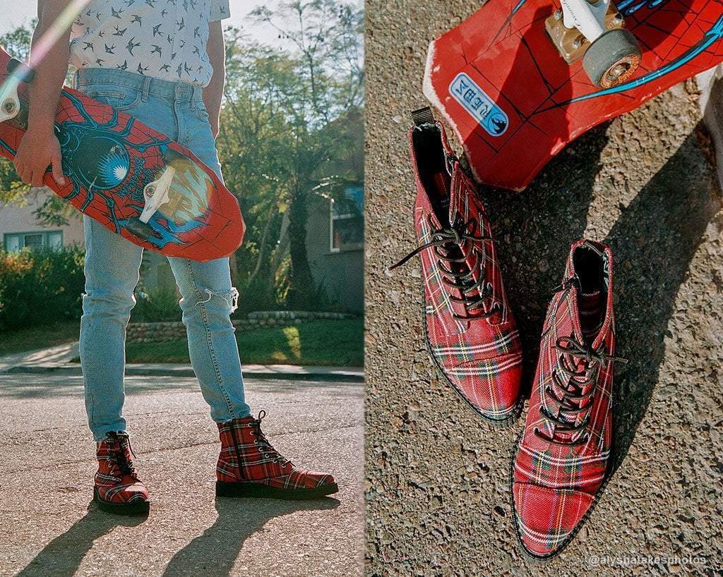 Red Plaid Pointed Lace Up Boot - Image 8